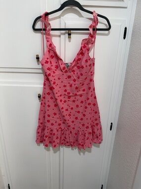 Zara NWT Pink Floral Dress with Red Blossom Print